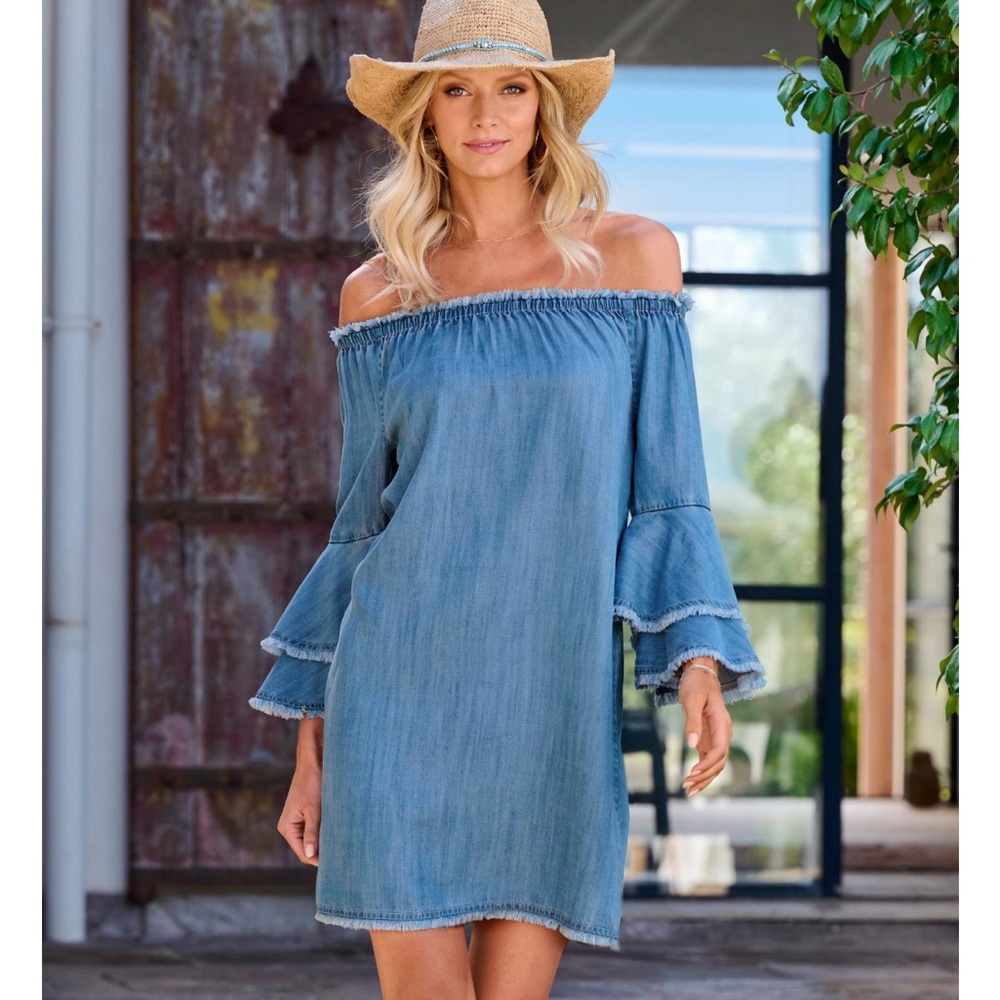 Fringed Denim Dress - Off-the-Shoulder - BRAND NEW